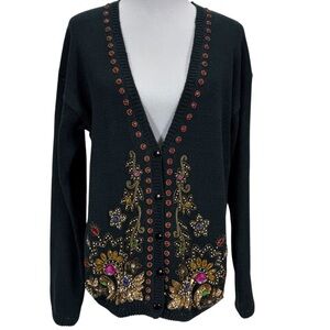 Beldochpopper Black Beaded Cardigan Sweater M Vintage Boho Jewel Sequin